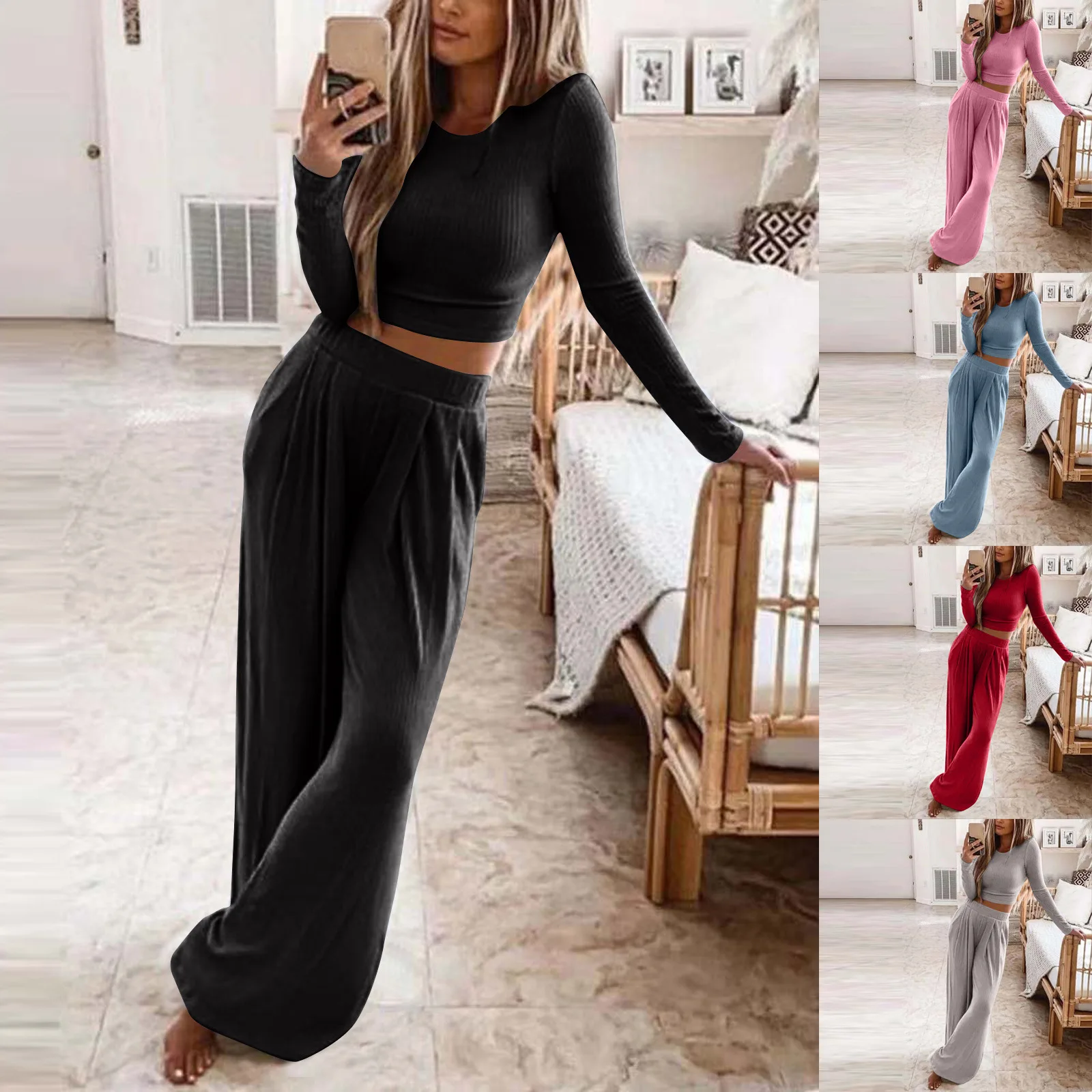 

Women's Suit O-neck Short T-shirt Wide-leg Trousers Casual and Comfortable Yoga Sportswear 2-piece Set for Female