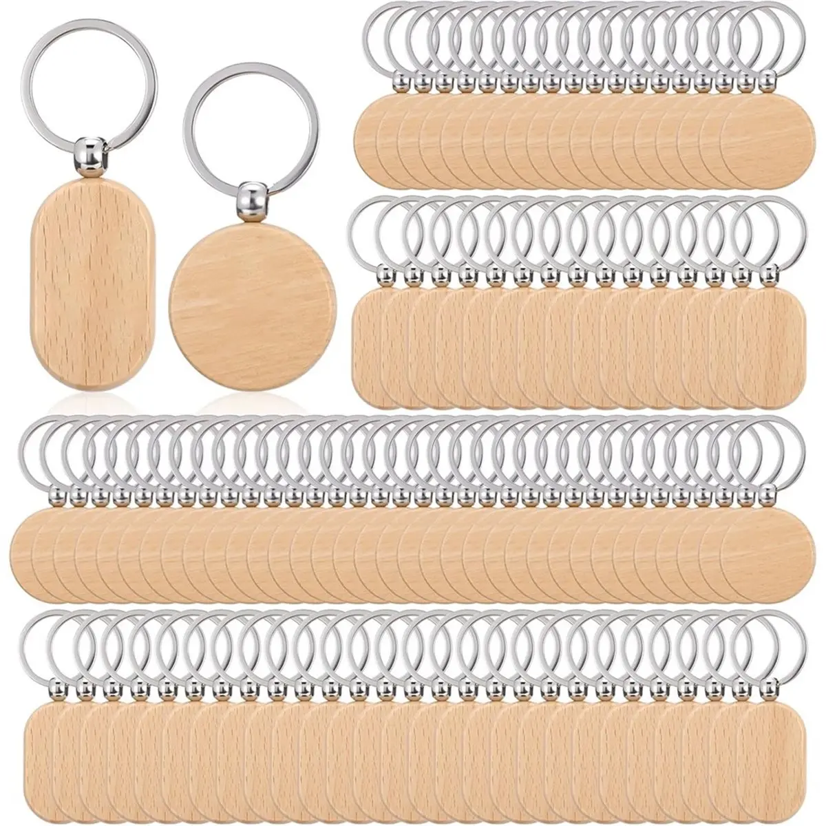A77K 100 PCS Unfinished Wooden Keychain Blanks for Engraving, Wood Engraving Blanks Key Chain, DIY Wooden Key Ring Key Tag