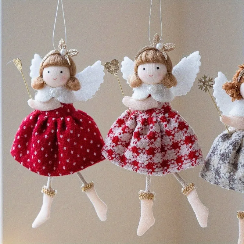 Christmas Girl Angel Doll Pendant Plush Checkered Skirt Pearl Headpiece Doll Christmas Tree Pendant Navidad