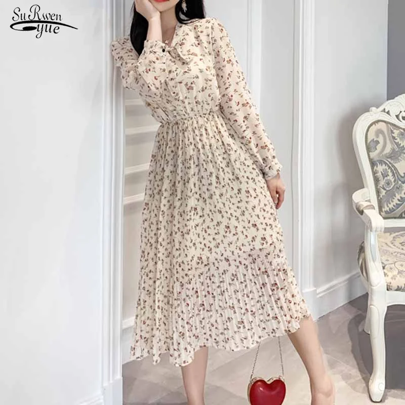 

Vintage Bow Empire Slim Pleated Dress Autumn Floral Print Chiffon Dress Sweet Long Sleeve High Waist A-line Dress Vestidos 10771