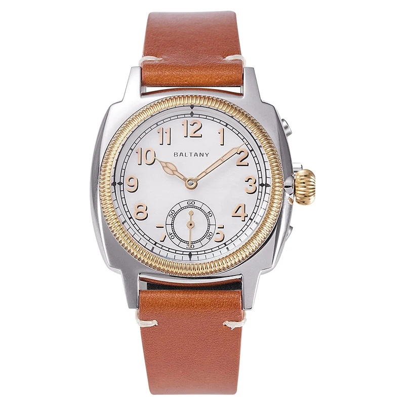 Baltany S4036 Mens Automatic 1926S Oyster Tribute Vintage Dress Watch Gold Bezel 36mm Small Square Elegant Leather Waterproof