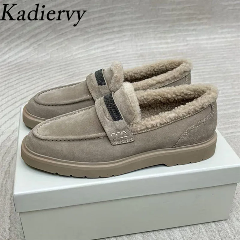 

Winter Loafers Women Cow Suede String Bead Round Toe Slip-on Walk Shoes Woman Comfort Wool Warm Women's Shoes Zapatos De Mujer