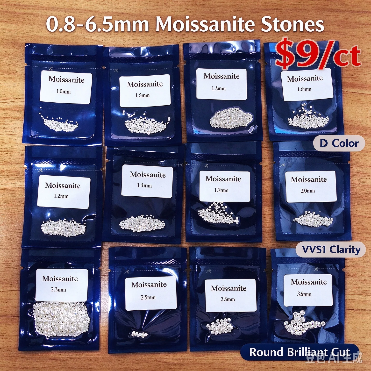 1.0ct Wholesale Size Price 1.0~6.5mm D E F Color Round Cut Lab Grown Loose Moissanites Stone Test Positive