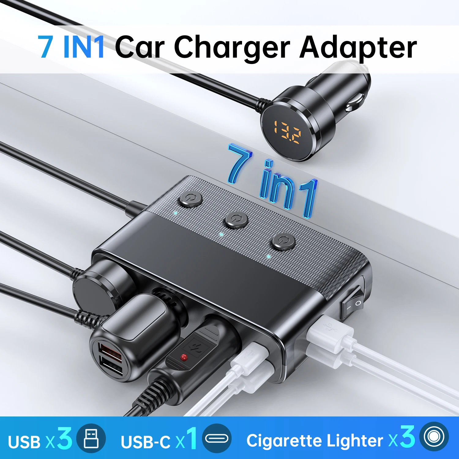 128W 7 In 1 Car Cigarette Lighter Splitter PD QC Fast Car Charger, LED Voltage Monitor, One-Touch Master Switch, Extension Cable