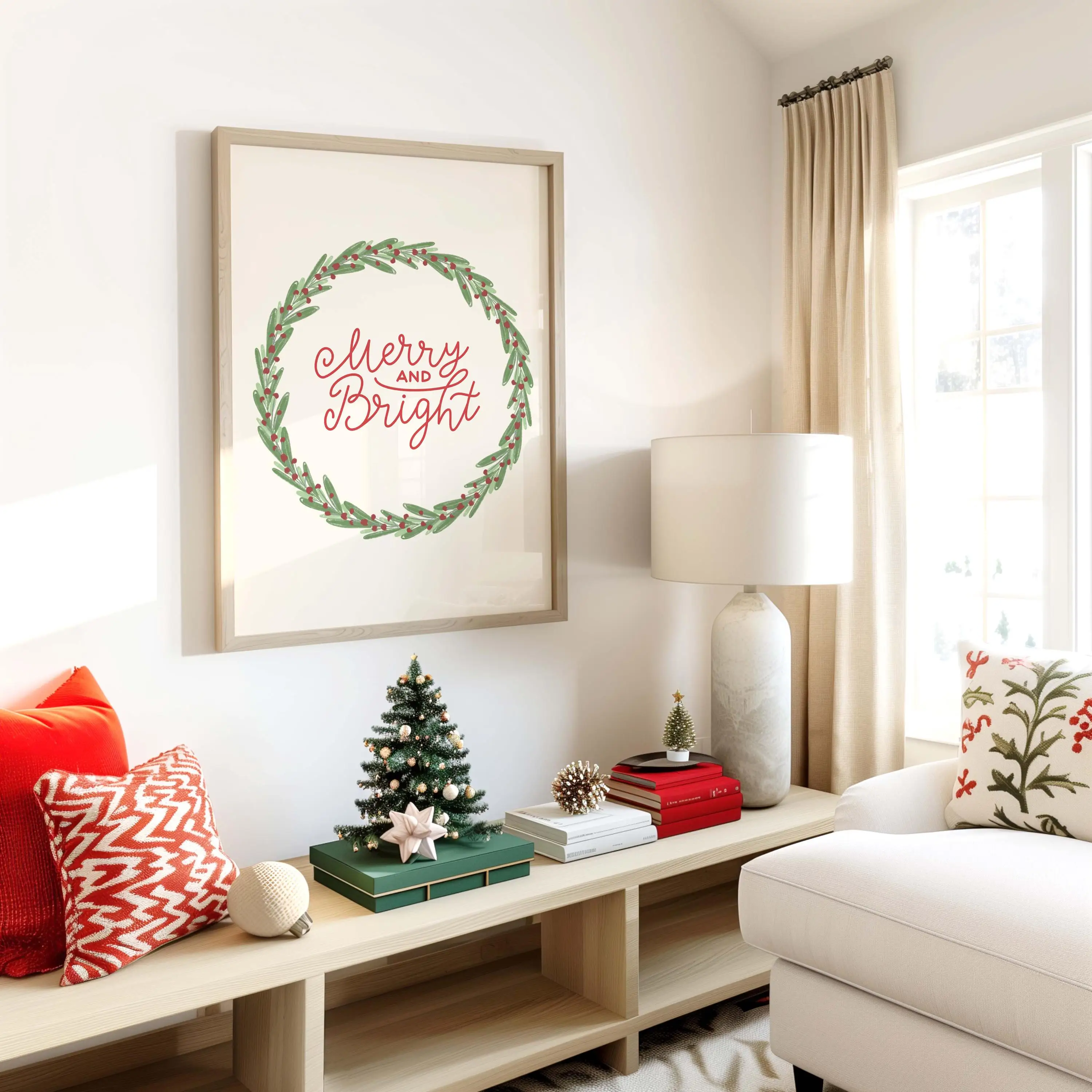 Set of 3 Watercolor Christmas Wall Art, Mistletoe Wreath Xmas Tree Print, Merry And Bright Quote, Nordic Neutral Holiday Decor