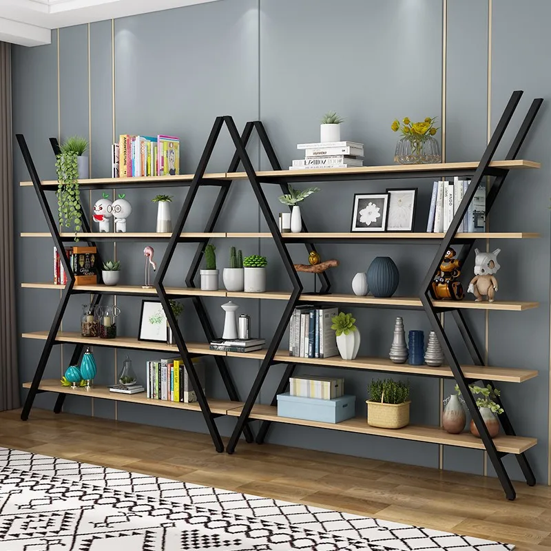 

Wrought iron bookshelf Shelf Floor-to-ceiling household multi-layer storage shelf bookcase Simple steel and wood shelf