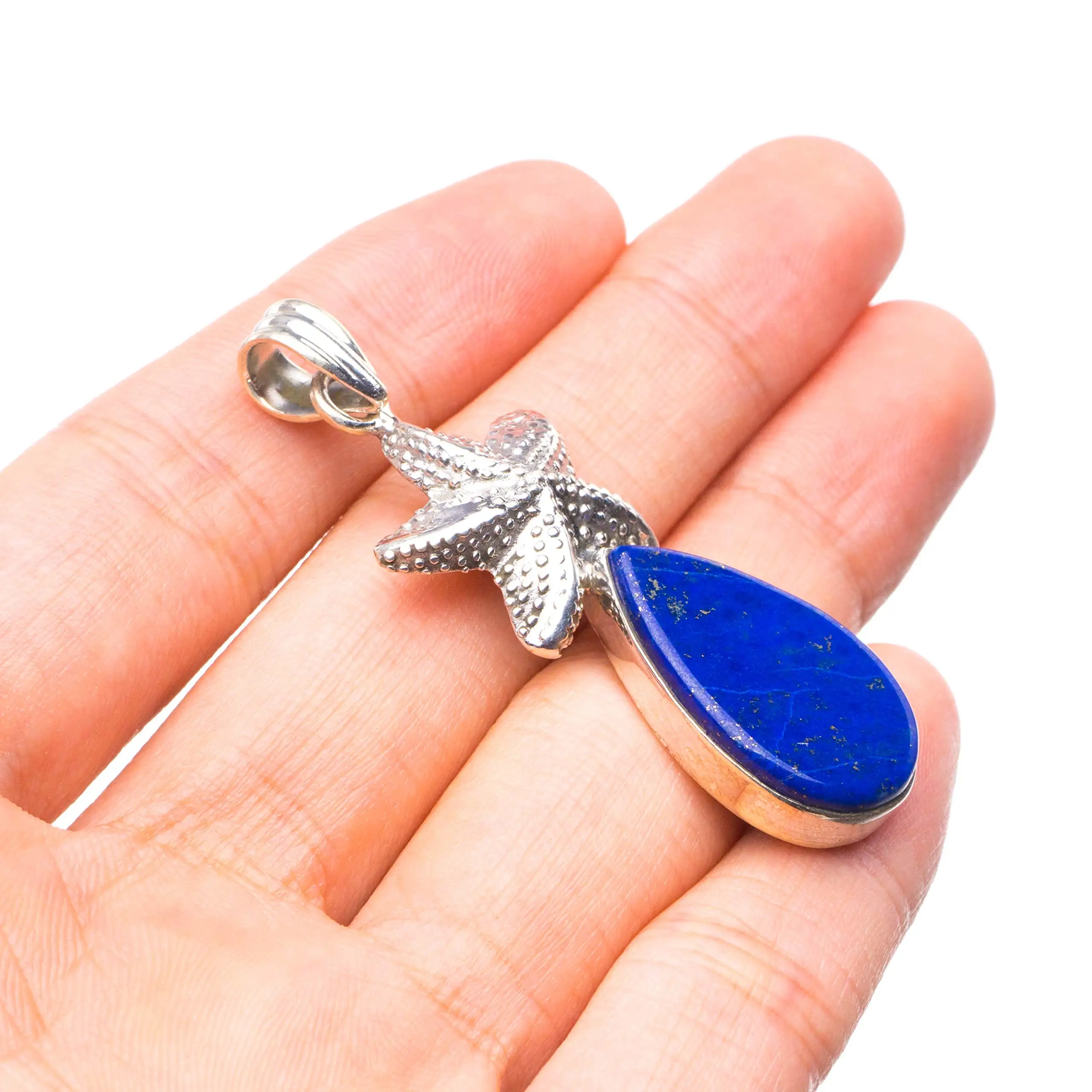 

StarGems ® Подвеска из стерлингового серебра 925 пробы с натуральным лазуритом и морской звездой ручной работы, 2 дюйма, T2275