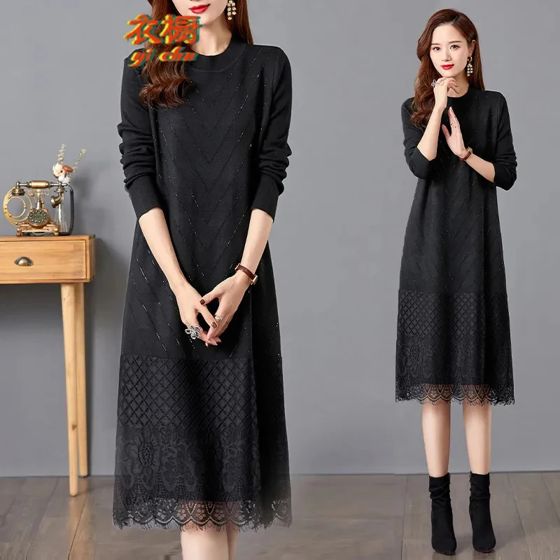 2024 New Autumn Winter Lace Jersey Dress ,For Women Clothing ,Spring middle-aged mother Knitted Sweater Dress, Large Size 78