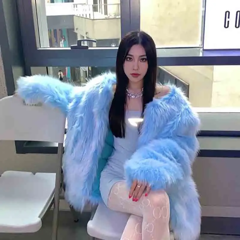 2023 Autumn Winter Blue Fur Coat Female Luxury Design Loose Plush Fur Overcoat Imitation Fox Fur Long Jacket