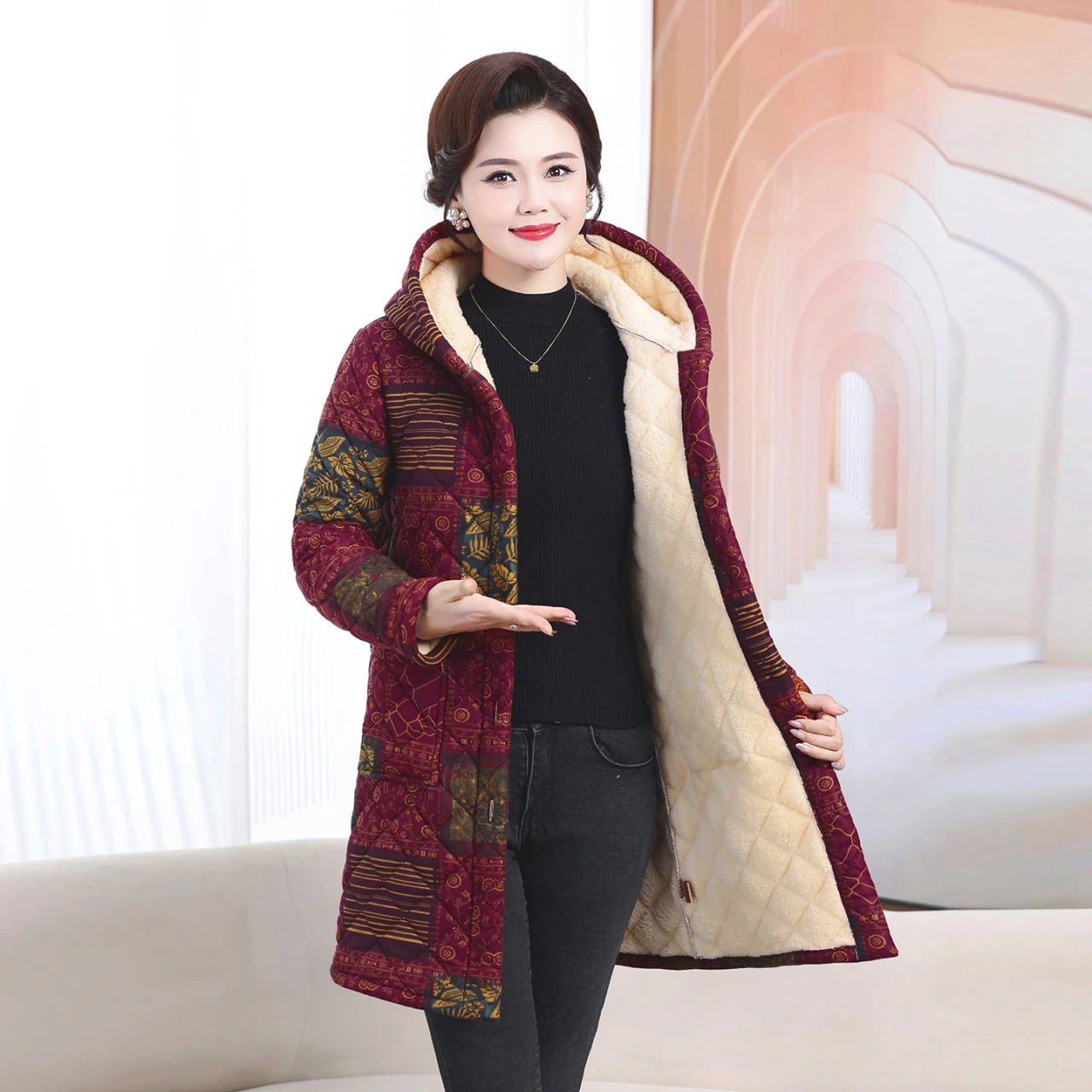 

Утепленное хлопковое пальто-кардиган средней длины с капюшоном для женщин, на молнии, с наполнителем из полиэфирного волокна