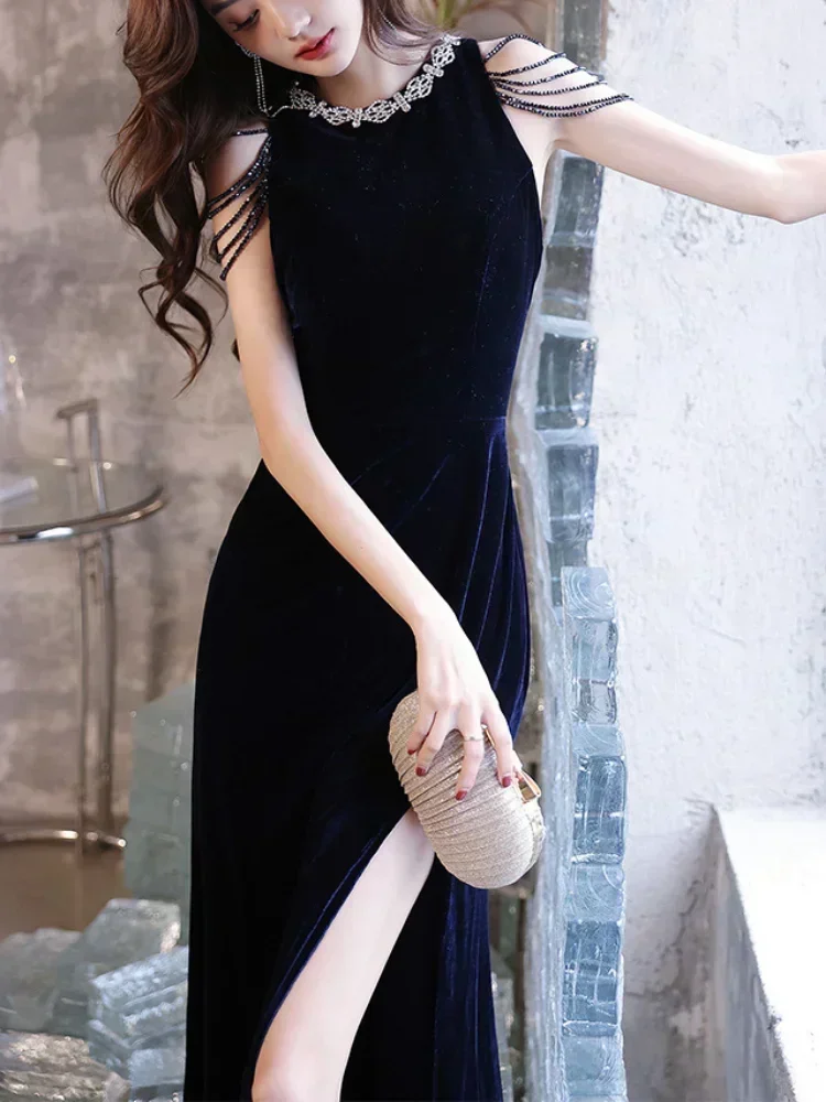 Customized O-neck Beading Design Tassel Sleeveless Eveming Slim Waist Formal Dress Women Elegant 2024 Summer Feminino Split Trum