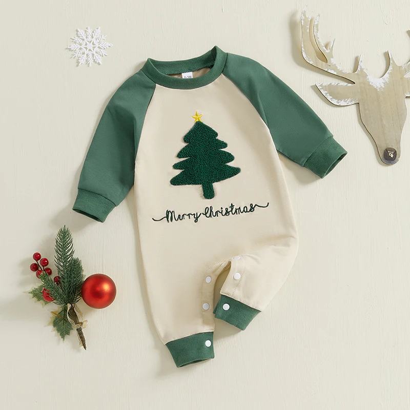 Baby Boy Snap-up Jumpsuit Christmas Tree Letter Embroidered Round Neck Raglan Long Sleeve Romper