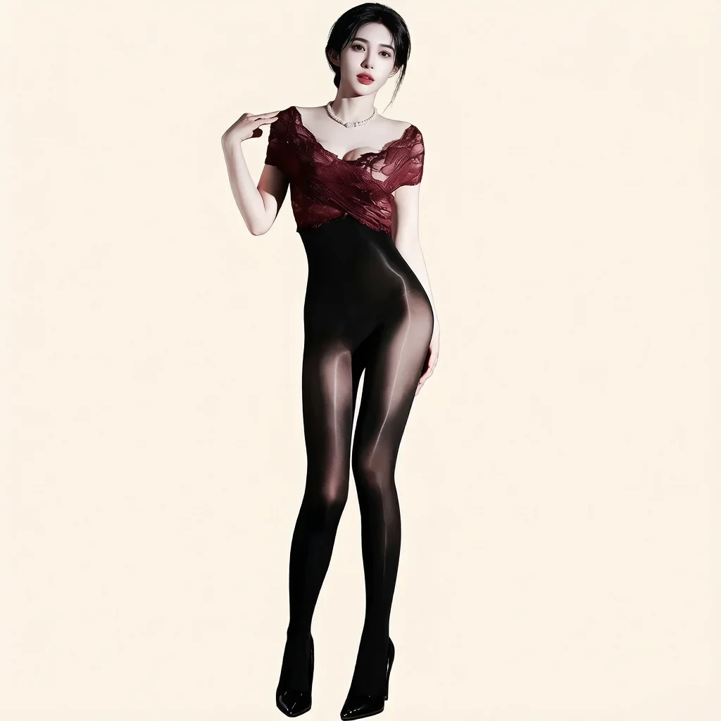 WOmen Lace Patchwork Bodysuit High Elastic Oil Shiny Jumpsuit Lace Cross Fashion Bodysuit V Neck Vest Tights Maid Leotard 5D