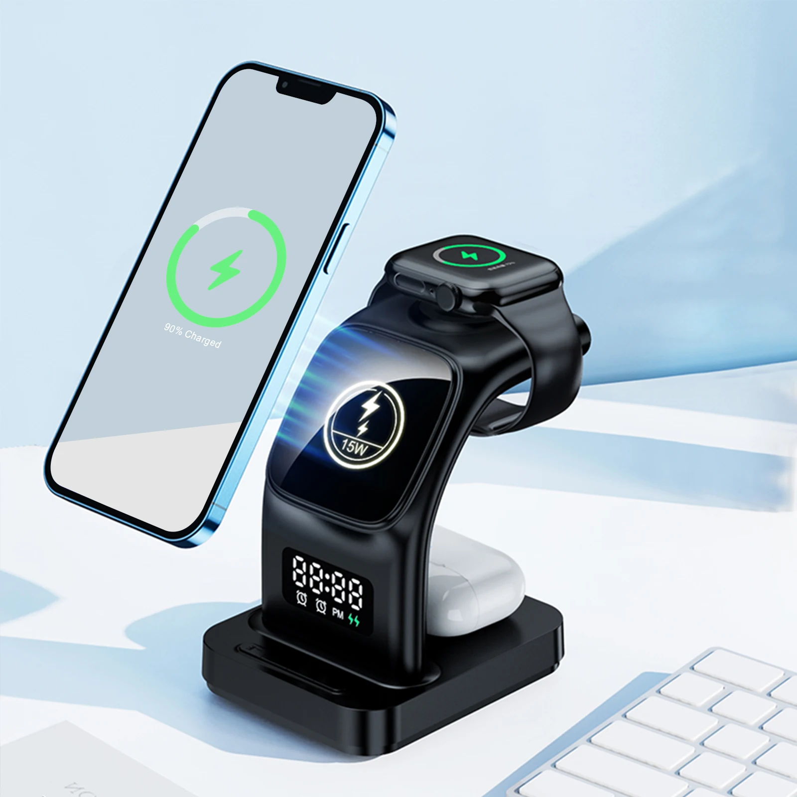 

Best All in One Magnetic Wireless Charger With Night Light With Alarm Clock Wireless Charger for Watch Airpods Mobile Phones
