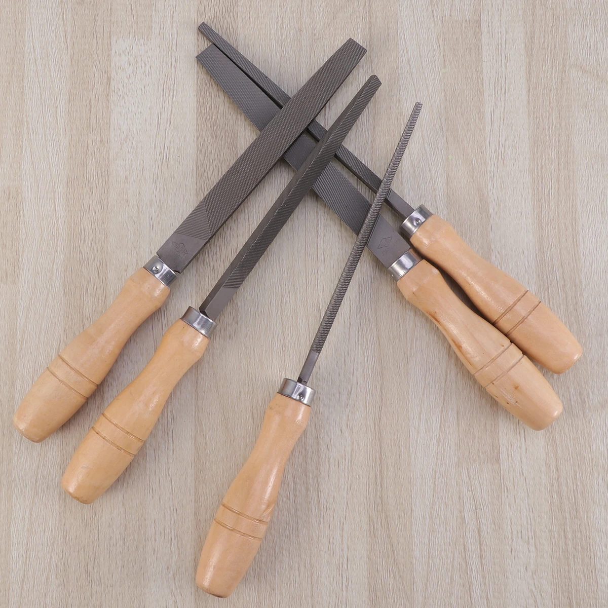 

5Pcs Steel File Set High Carbon Flat Half Round Round Triangle Square Files Wooden Handle Multipurpose Plastic