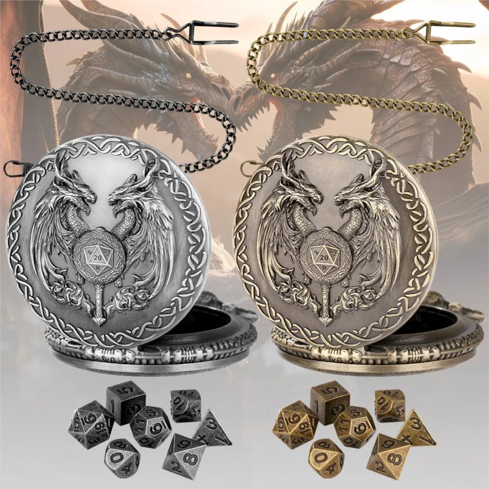 7 Mini Metal DND Dice, Double Headed Dragon Pocket Watch Dice, Suitable for DND Dice Players Dragon Pocket Watch Box