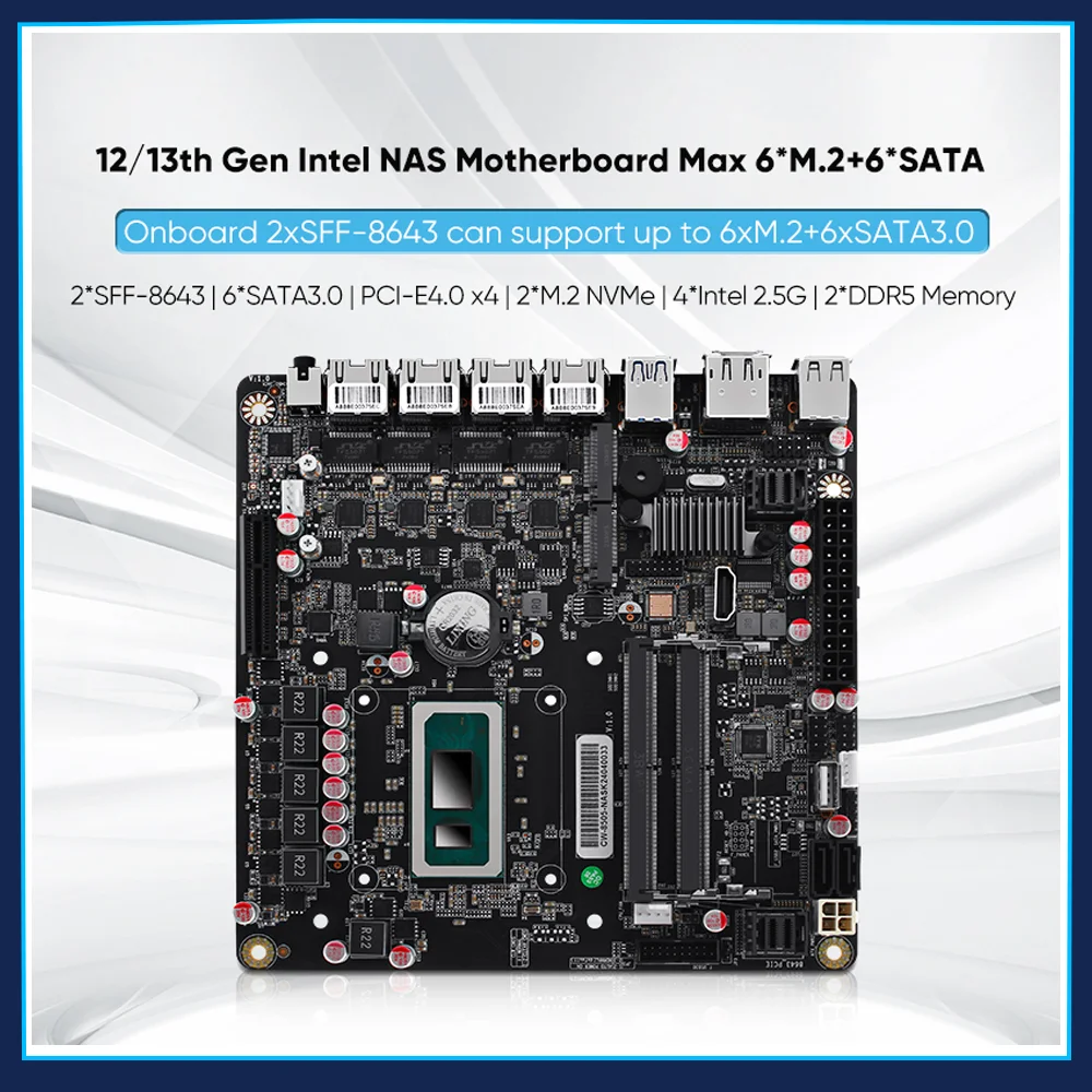 NAS 마더보드 i5-12450H 펜티엄 8505 6 베이 6 * NVMe 6 * SATA3.0 1 * PCIEx4 인텔 i226-V 2.5G DDR5 방화벽 라우터 미니 ITX 메인보드