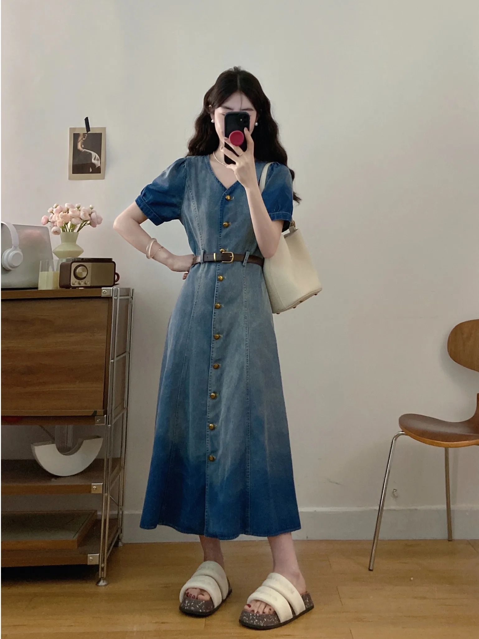 

plus Size Vintage Distressed Color Gradient V-Neck Short Sleeve Denim Dress Slimming A-Line Summer New High Waist Belted Dress