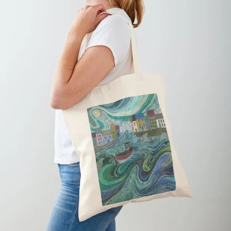 

Tossed About - Fishing Boat and Waves Embroidery - Textile Art Tote Bag custom bags tote bag custom tote bag canvas
