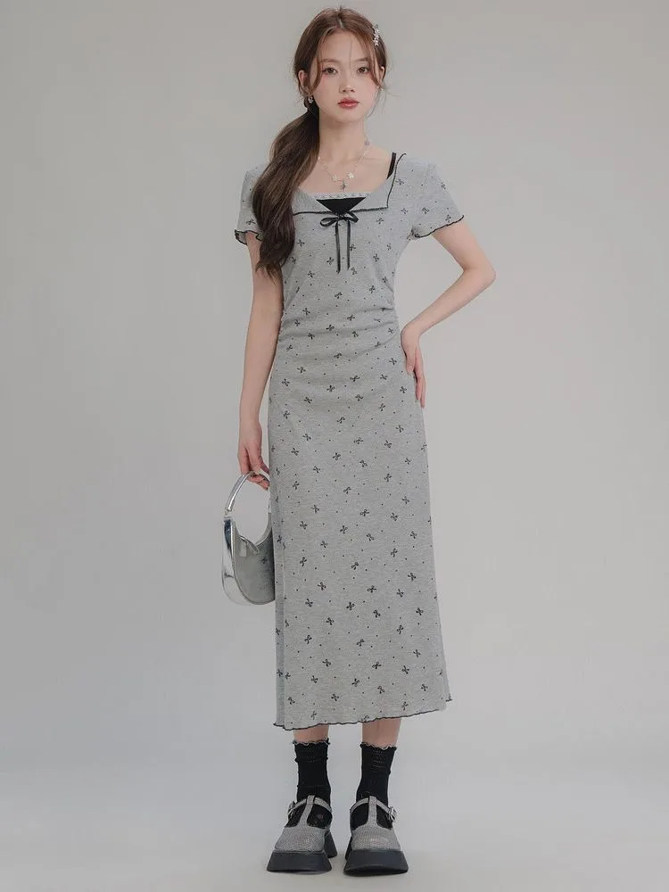 Schickes, kurzärmliges Maxi-Bodycon-Kleid in A-Linie mit Schmetterlings-Schleifenkragen, geripptes, zweiteiliges, schlankmachendes langes Kleid für den Frühling und Sommer