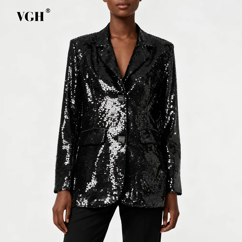 VGH الصلبة تصميم تحسس الترتر الحلل للنساء التلبيب كم طويل تقسم زر الخريف مزاجه السترات الإناث موضة جديدة