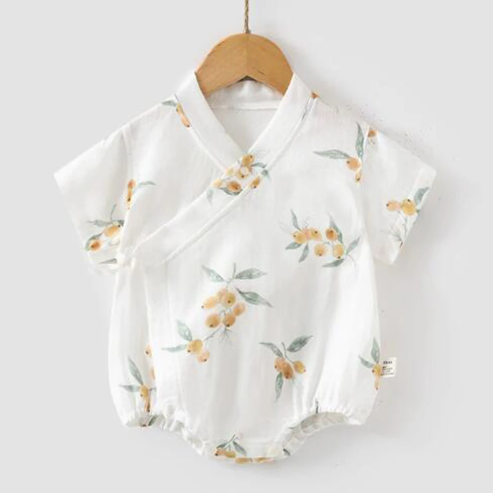 

Летний комбинезон-боди для новорожденных с V-образным вырезом, с цветочным принтом, милый, из тонкой дышащей марли, унисекс, для младенцев