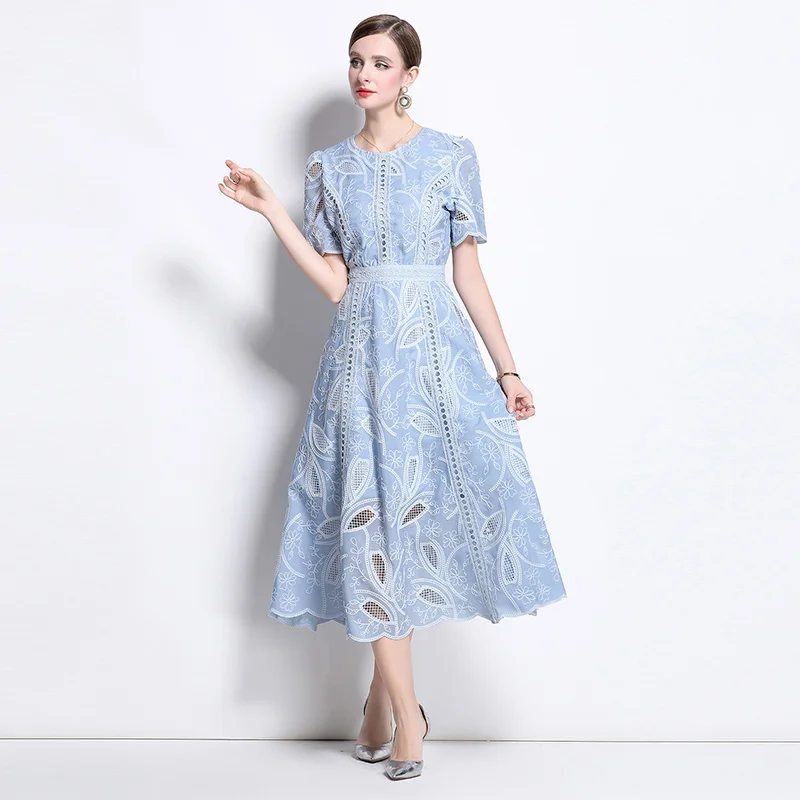 

Summer Vintage Dress Hollowed Out Embroidered O-Neck Waist Short Sleeved Dress for Women Slim Elegant Long Dress Women Clothing