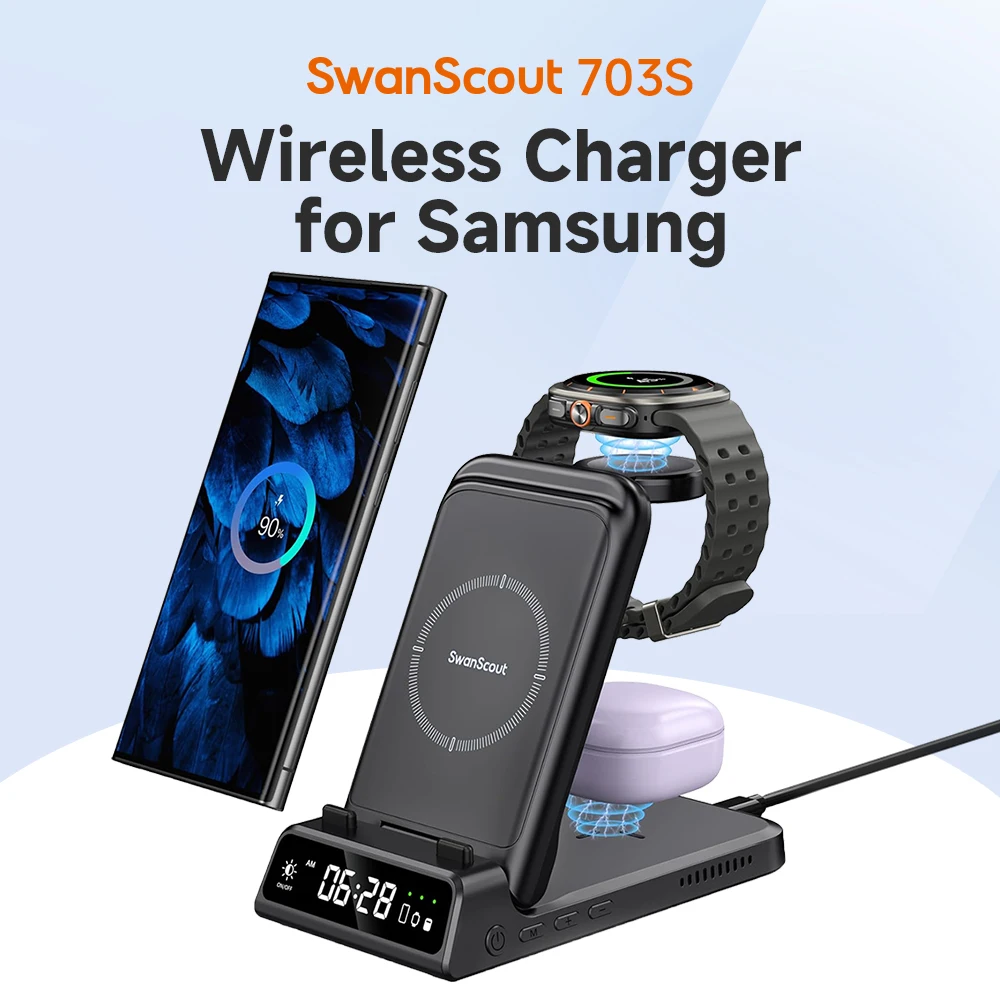 Estação de carregamento SwanScout 703S para Samsung S24 + S23 Z Flip 6 Z Fold 6 Carregador sem fio para Galaxy Watch Ultra 7 6 para Buds 2pro