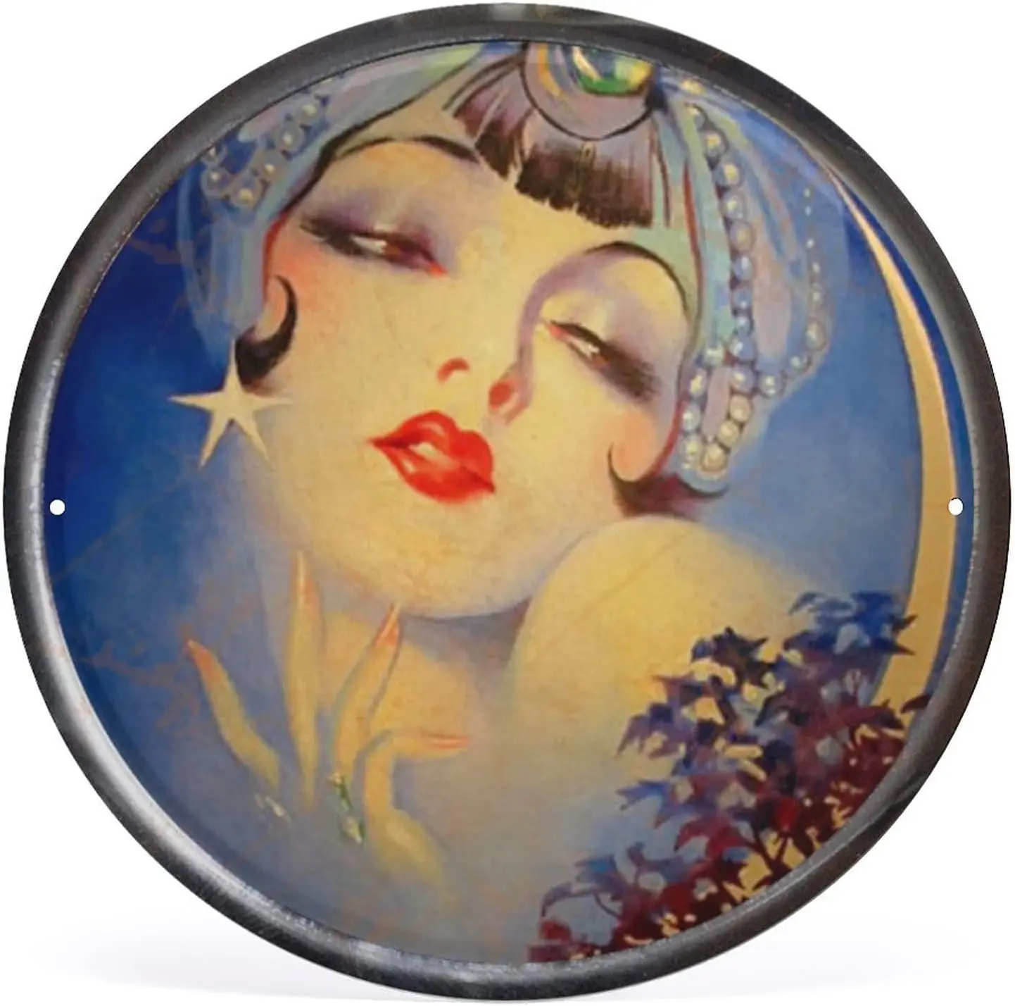 Gypsy Art Deco Moon tin sign, -1920's Jazz Age Roaring 20s Portrait - Vintage Style Round Tin Sign Wall Sign Wall Decor Gift