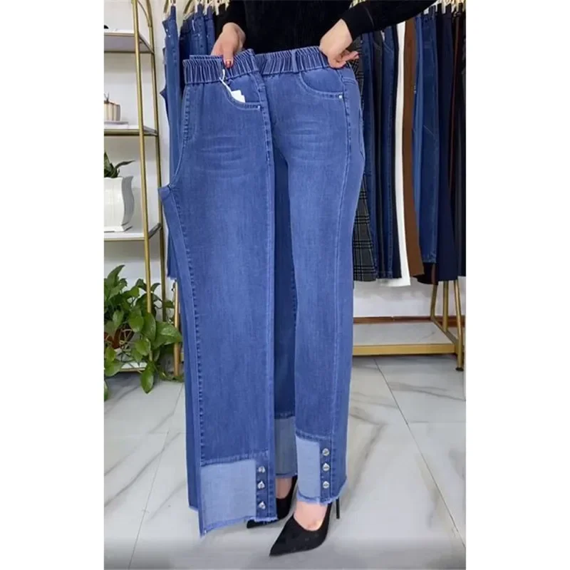 Middle-aged Women's Jeans Stretch Waist Straight Denim Pants Large Size Loose High Waist Casual Black Blue Trouser XT1238