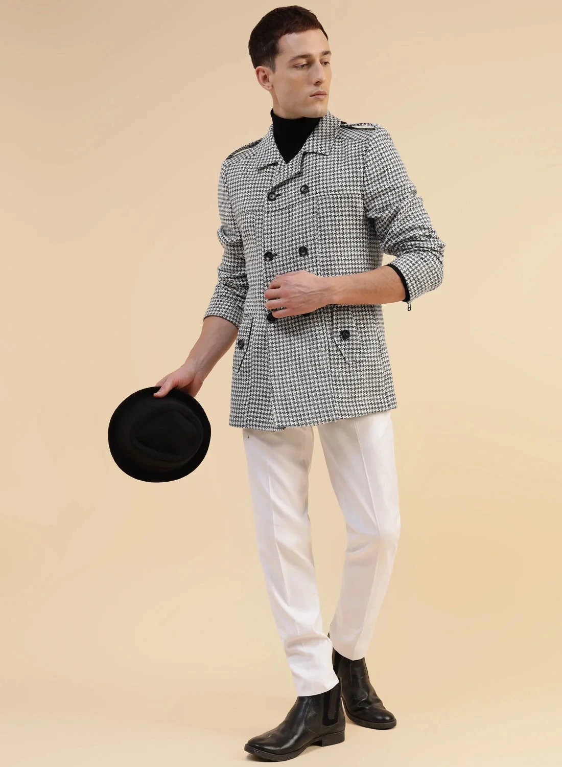 Classic Houndstooth Double-Breasted Jacket with Epaulettes and Contrast Buttons Men Autumn Urban Casual Coat Customized E2619