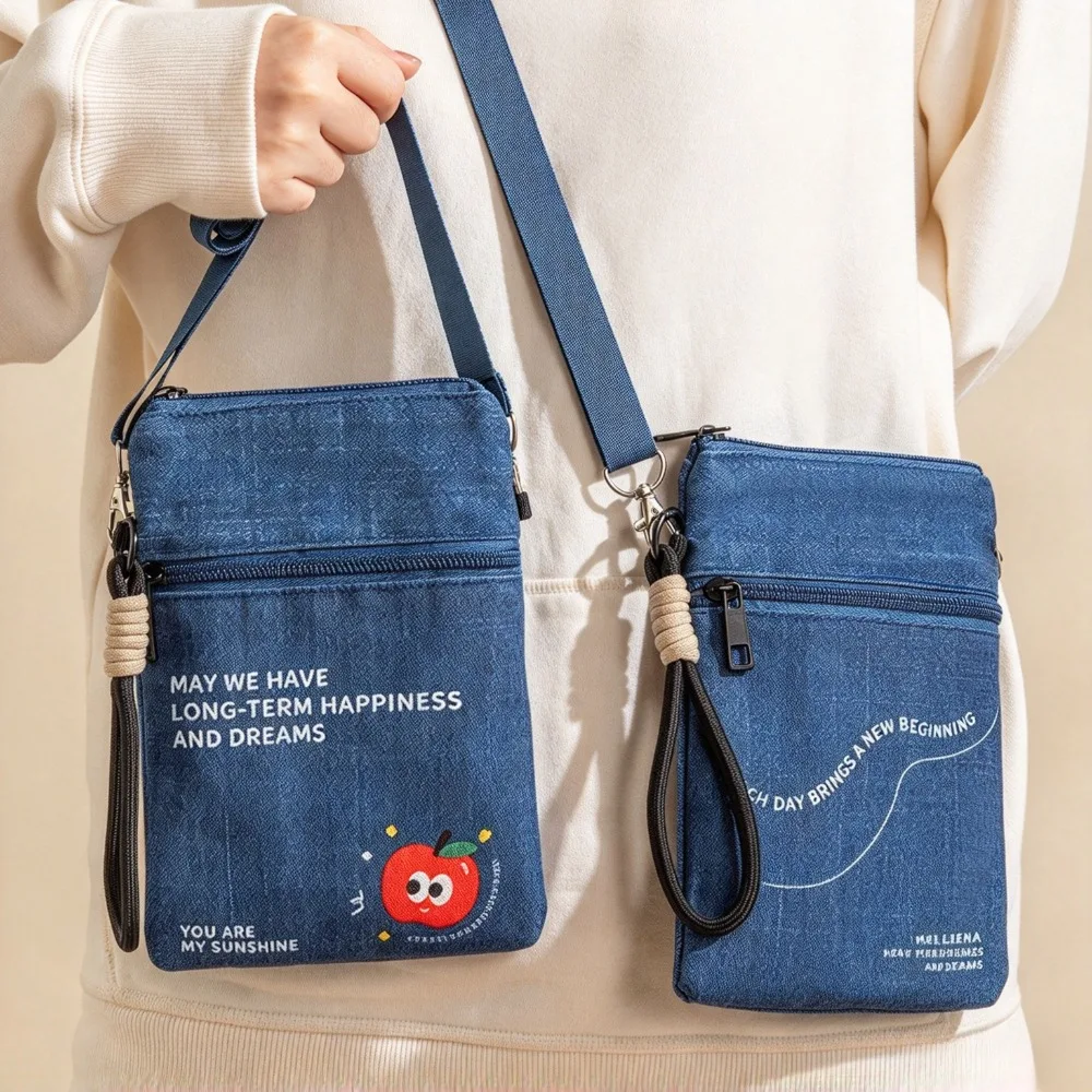 Lightweight Denim Look Small Sling Bag Multi Zipper Pocket Travel Document Phone Wallet Crossbody Purse