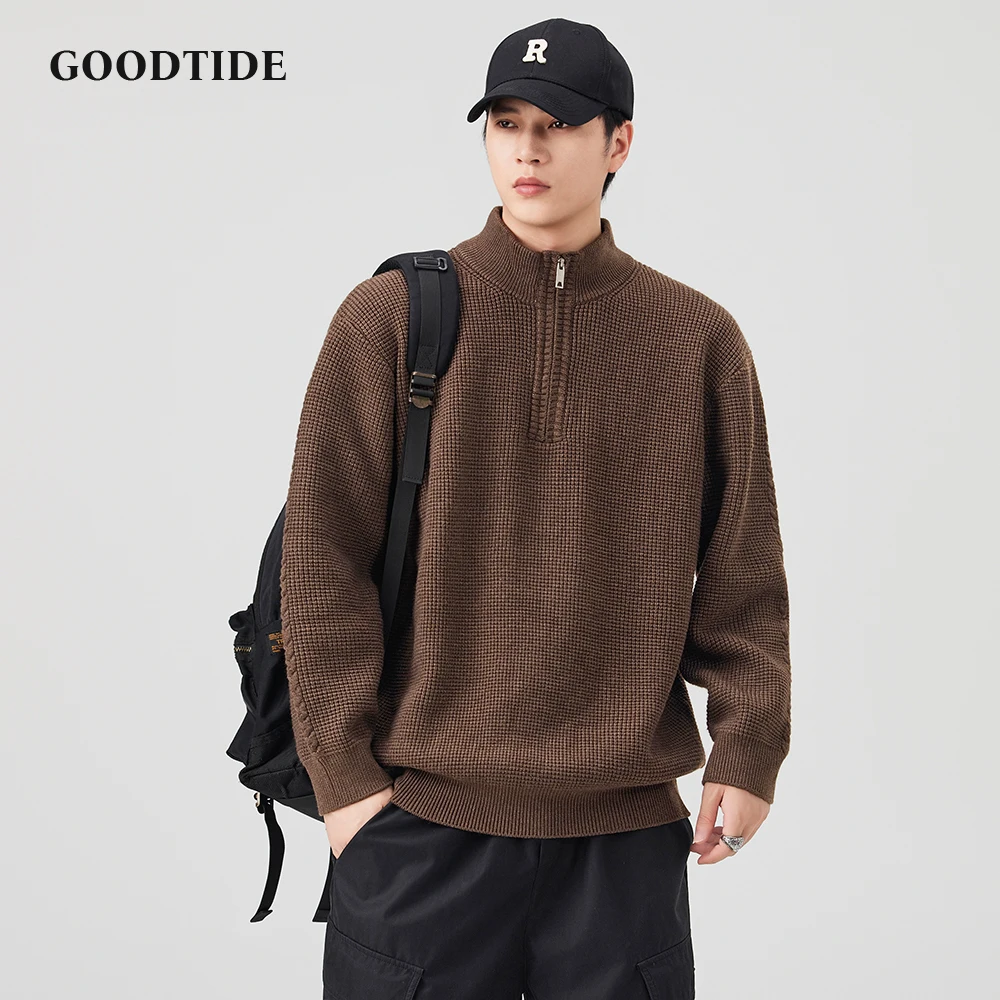 Winter Fashion Men's Casual Half - Zip Turtleneck Sweater Black Waffle Knit Pullover Comfortable Soft Long Sleeve Jumper Top
