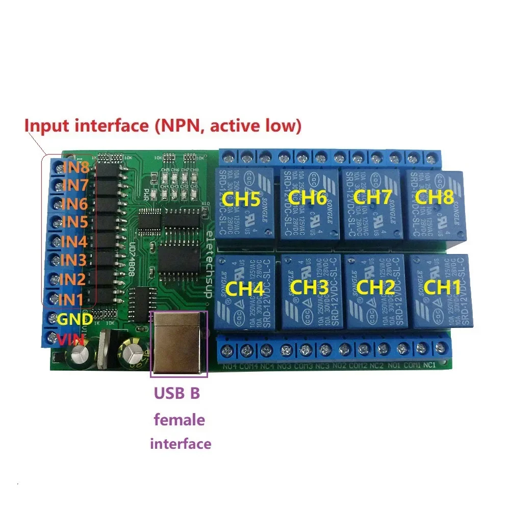 

UD74B08 8 Channel I/O MultiFunction USB Relay COM Serial Port UART Relay Board & 8 Optically Isolated Input for WIN7 WIN10 Linux