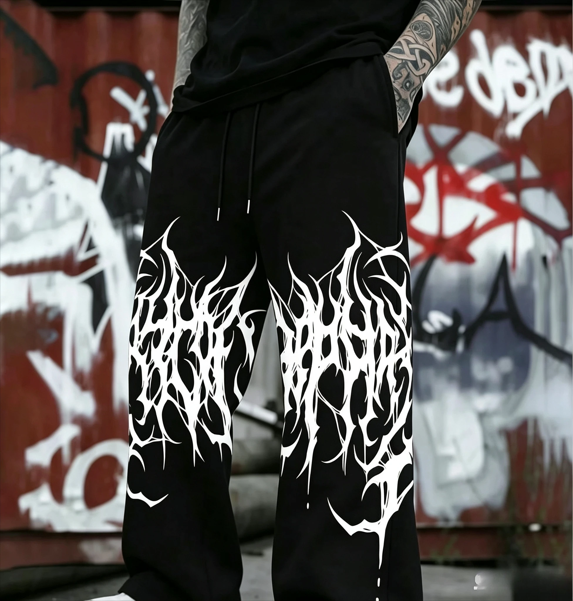 Gothic Metal Font Print Straight‑Leg Jogger Pants Unisex Dark Streetwear Casual Trousers Hip Hop Straight Sports Long Pants