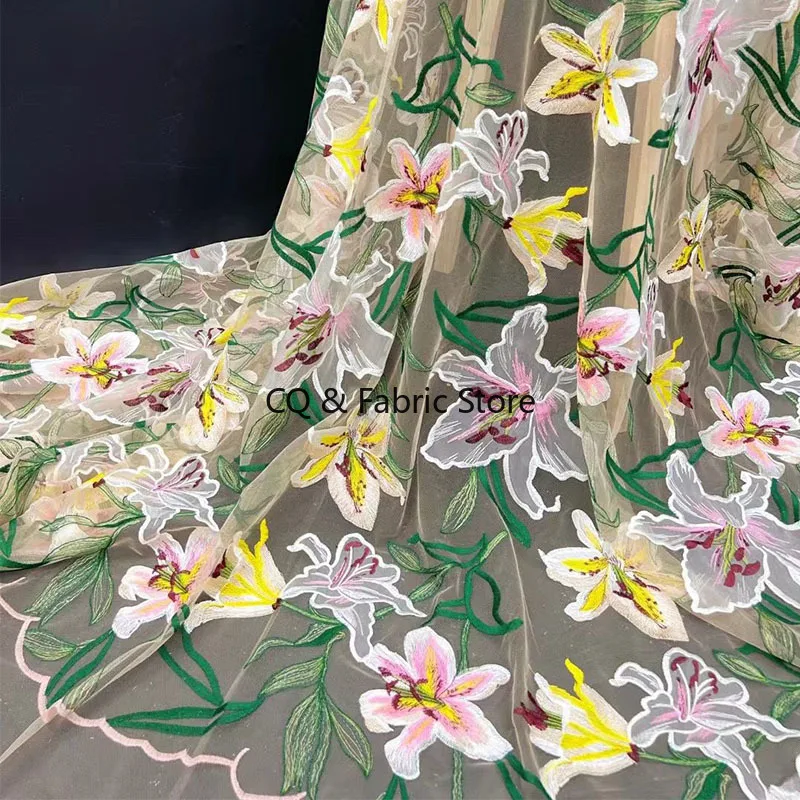 Soft Mesh Colorful Water-soluble 3D Flower Embroidered Lace Fabric DIY Wedding Dress Accessories Designer Fabric  Width 130cm