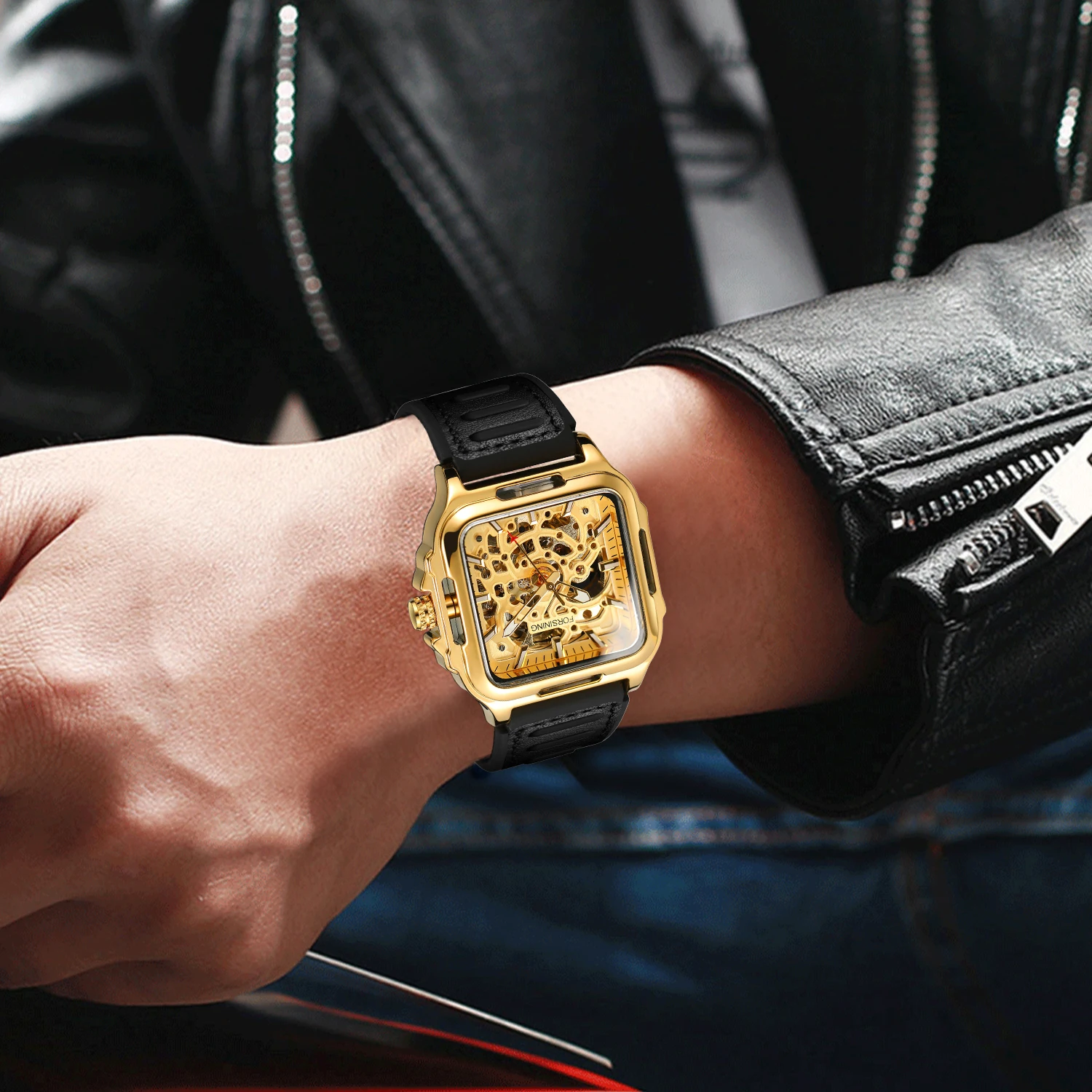 ساعة يد FORSINING للرجال كلاسيكية أنيقة ذات هيكل عظمي مربع ميكانيكية أوتوماتيكية مقاومة للماء بسوار من السيليكون رياضية طبق الأصل #5