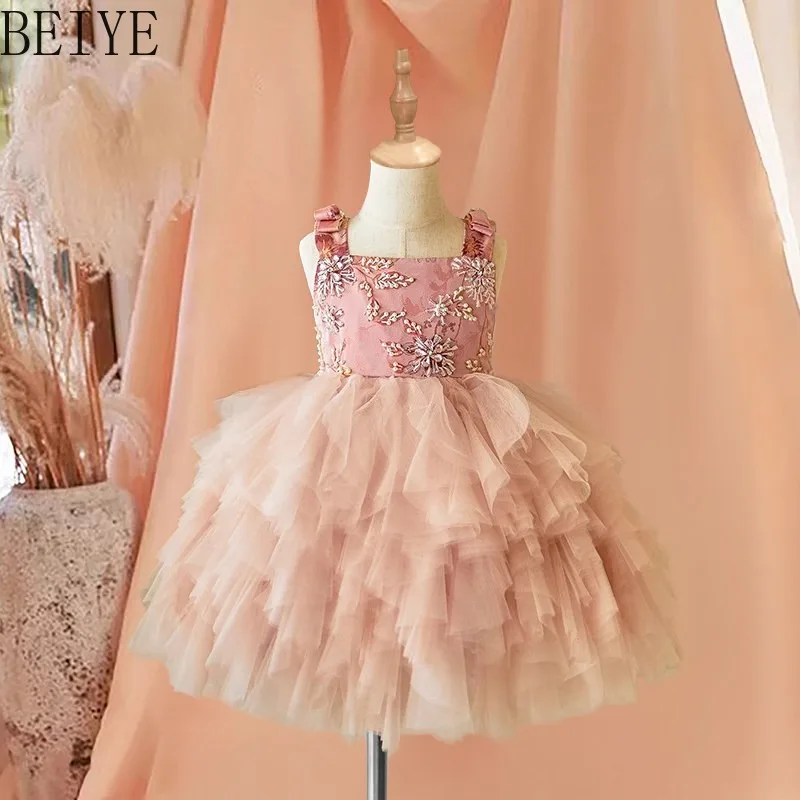 

Pink Girls Flower Girl Wedding Dress Spaghetti Strap Beaded Floral Tulle Tutu Dress Kids Birthday Pageant Formal Party Gown