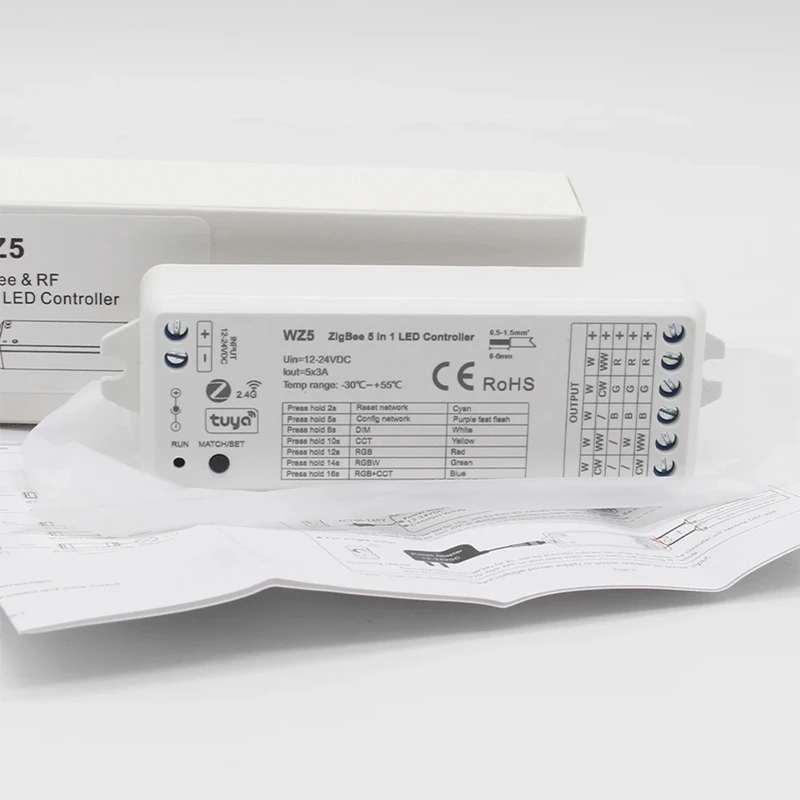 

Светодиодный контроллер Tuya Zigbee 5в1 RGB CCT RGBW RGBCCT DC 12 В 24 В 15 А Светодиодная лента Smart Life Voice Home WZ5-A68X