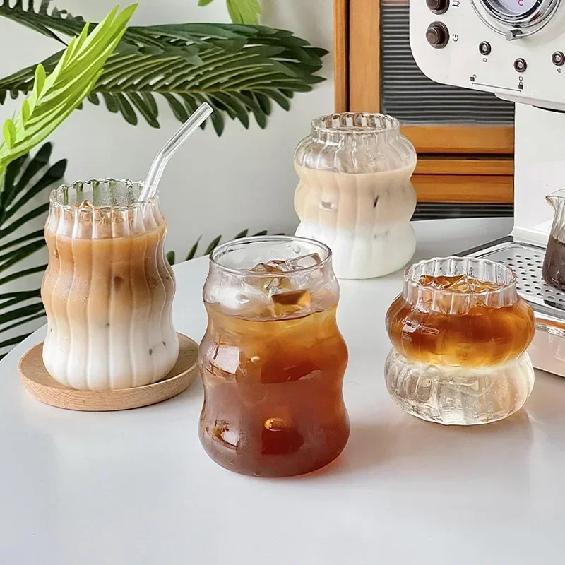 

Glass Coffee Cups With Lid and Straw Mason Jar Clear Juice Milk Cup With Bamboo Lids Drinkware Simple Stripe Milk Mocha Cup