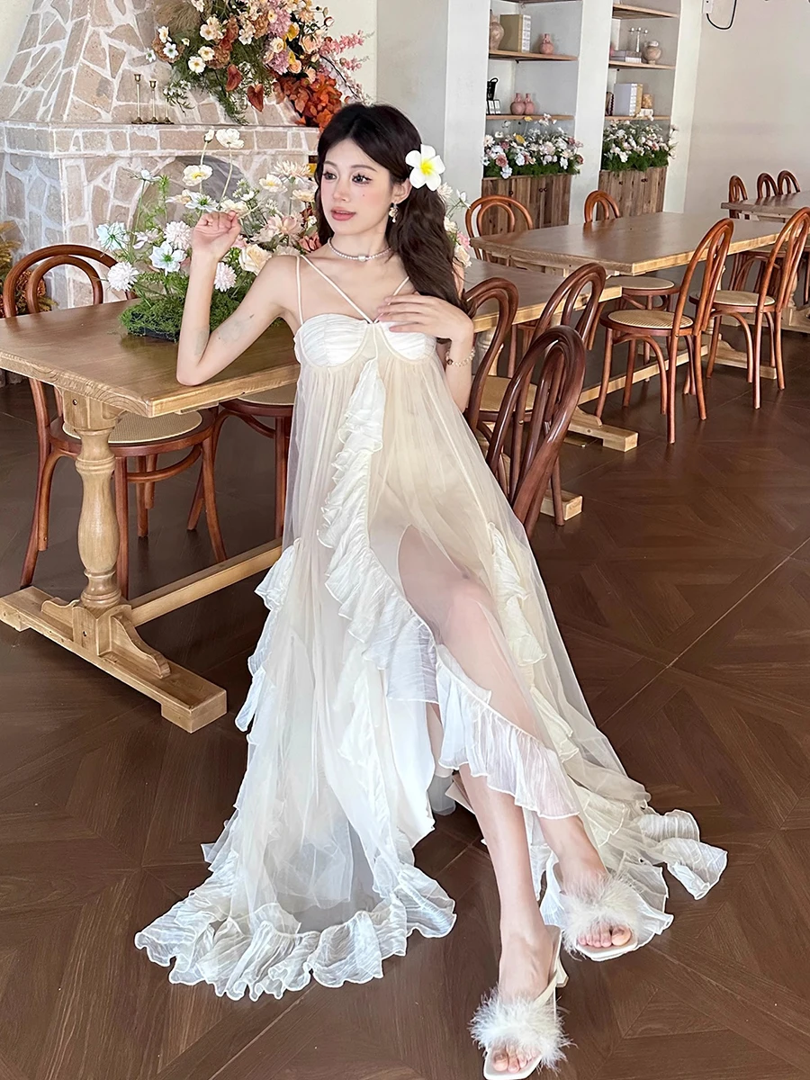 REDDACHiC femmes à volants en mousseline de soie robe de soirée Corset Camisole sans manches une pièce Maxi longue robe princesse mariage vêtements d'été