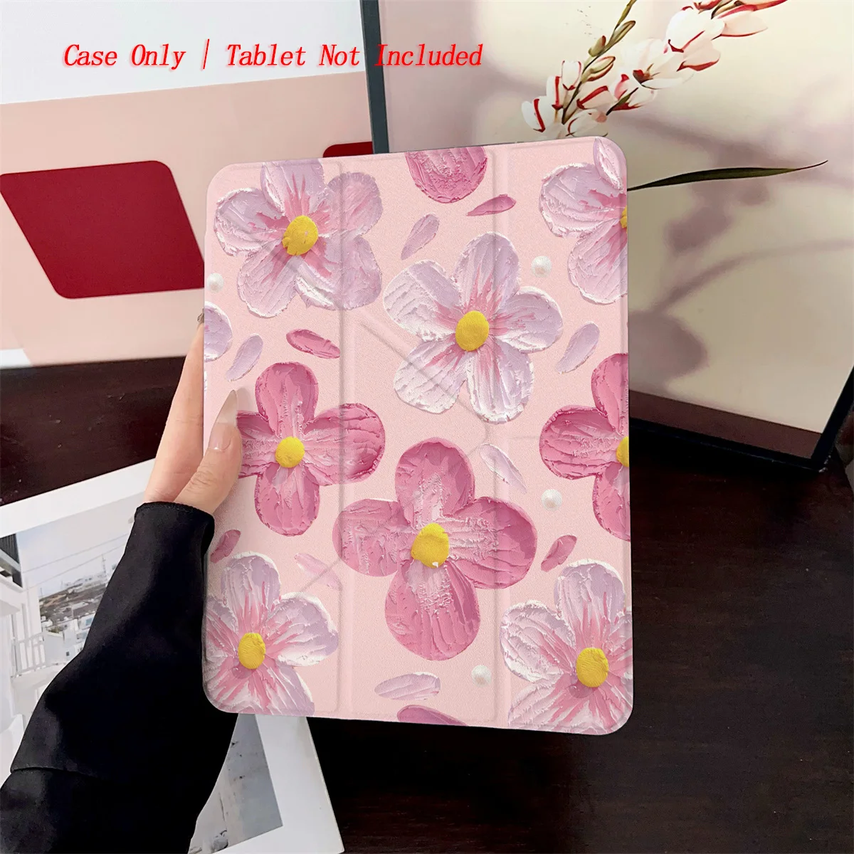 Sweet Y-Fold Acrylic Pink & Light Pink Flowers iPad Case For Apple iPad Pro 11/12.9 Air 3/4/5 Mini 5/6 8th-10th Gen Cover