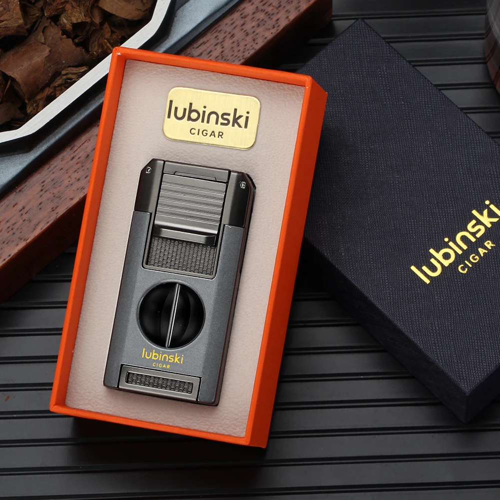 LUBINSKI Cigar V Cutter Metal 2 Torch Lighter With Support Holder Needles Cigar Lighters Gift Box Packaging