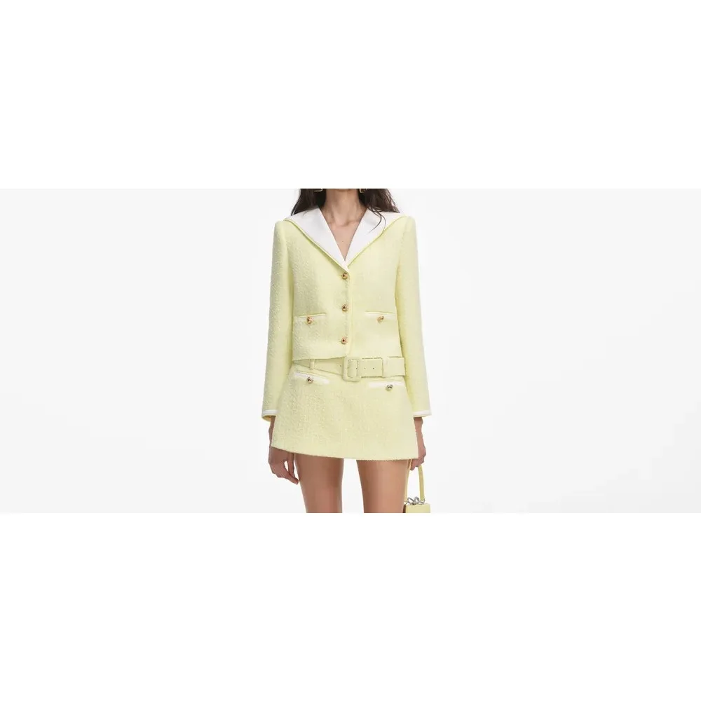 

light yellow long sleeve woolen navy leader jacket tops and shorts set 2025