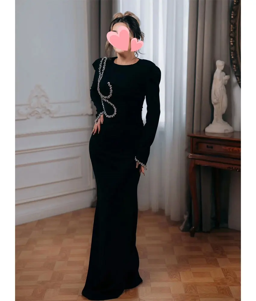 

Customized Formal Velvet Mermaid Crystal Evening Dress Temperament Long Sleeves O-neck Floor Length فساتين سهرة