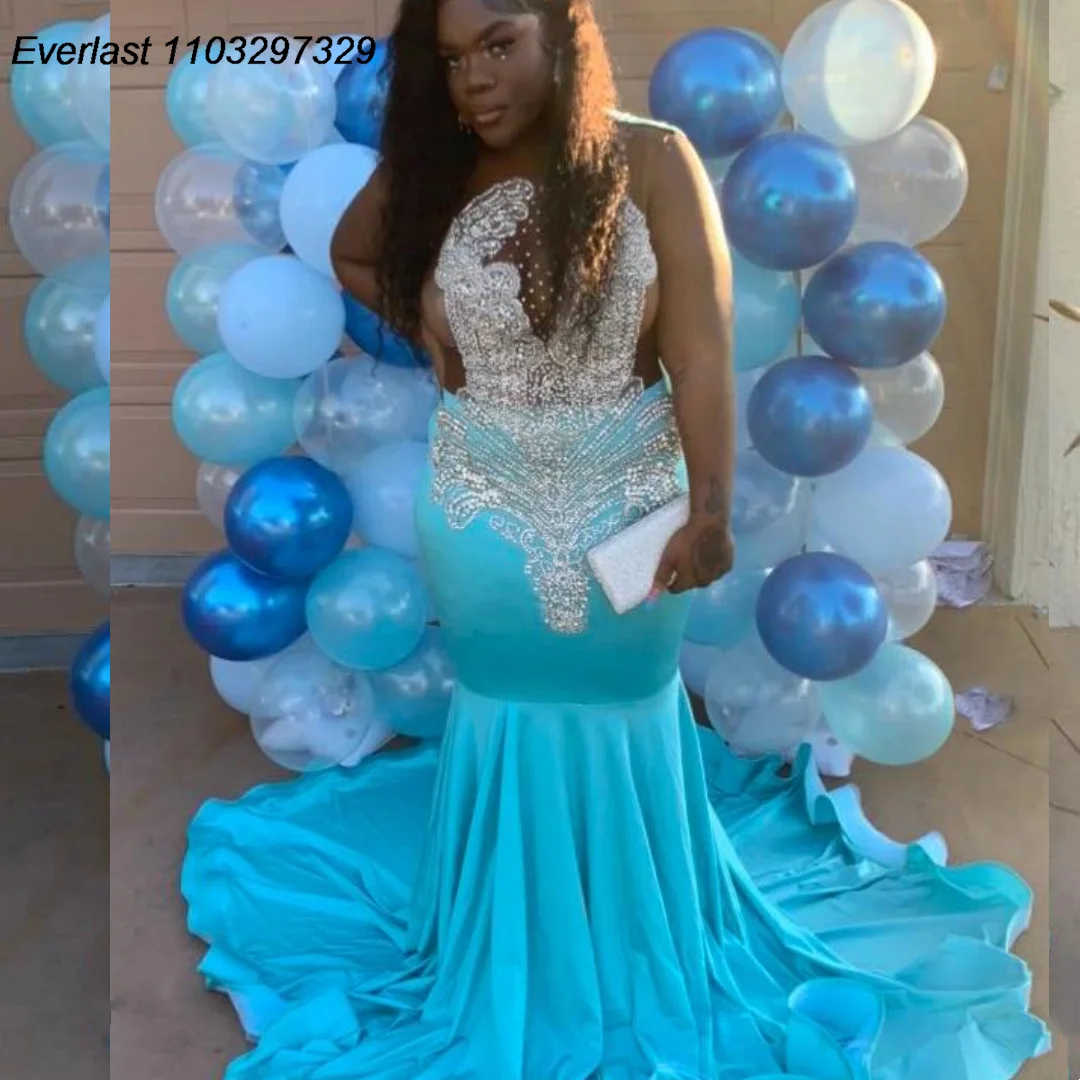 

EVLAST Customized Blue Long Prom Dress For Black Girls Silver Crystals Diamond Rhinestone Beaded Formal Party Gala Gown TPD140
