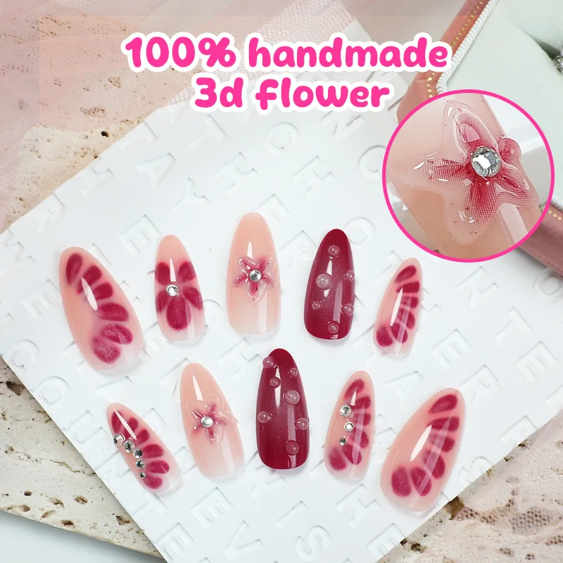 

24PCS Handmade Wearable Nail 3D Flower Rhinestone European and American Style Nail Patch Detachable Press on Fake Nail Tips