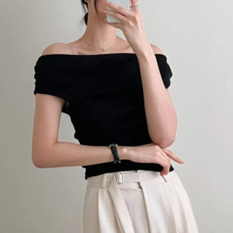 Neploe 2024 Summer New Knitted Tops Women Y2k Sexy Off Shoulder Slim Fit T-shirts Fashion Simple Sleeveless Black Tee Shirt