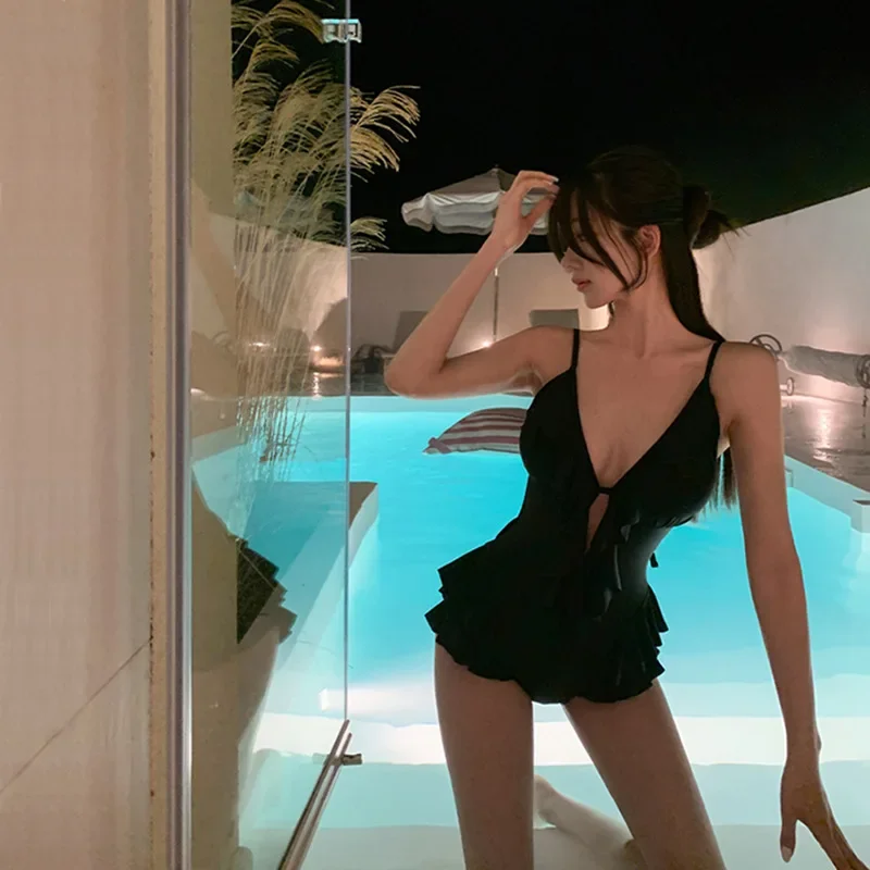 

Black One Piece Swimsuit Female 2025 Korean Swimwear Women Ruffle Bathing Suits Summer Beach Wear Bather Monokini Swimming Suit