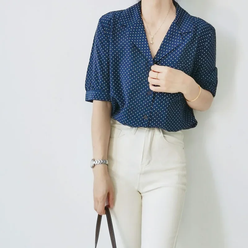 Summer Tops Retro Navy Polka Dot Printed Silk Shirt Sandwashed Double Crepe Medium-length Shirts